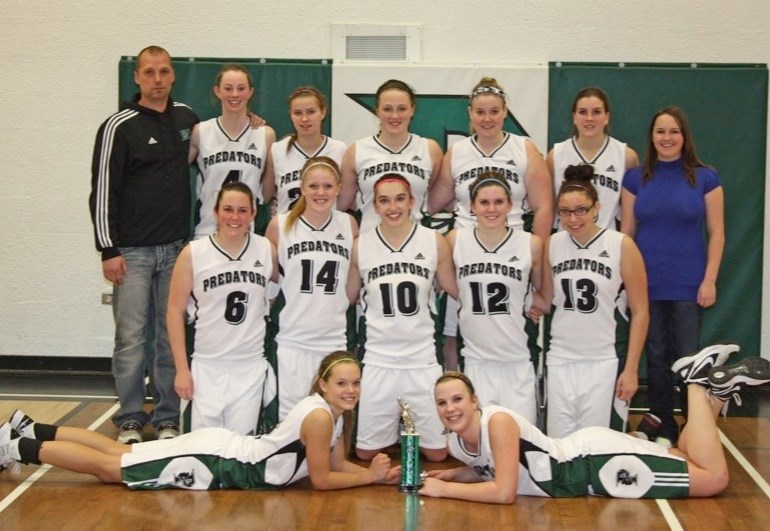 EPC&#8217;s senior girls basketball team. (top row, l-r) coach Wade Hicks, Genevieve Annand, Amber Chrunyk, Amanda Yashuk, Kayla Breitkreutz, Dana Doerkson, Jessica Zacharuk. 