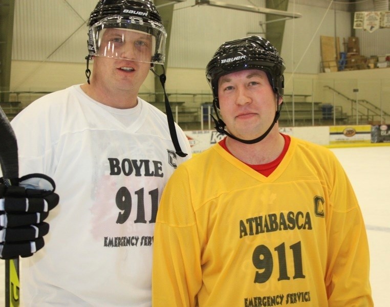 Athabasca and Boyle emergency services personnel hit the ice for a charity game on Saturday at the Athabasca Regional Multiplex. Team captains Colin Folk and Justin Zahara