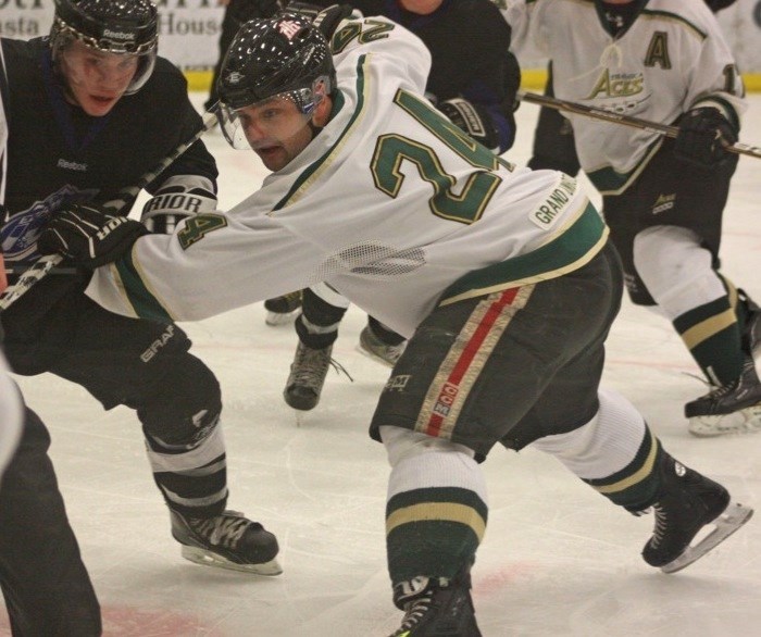 The Athabasca Aces played their last game of the season with a 7-5 loss to the Edson Ice on Saturday. Brent Hill battles off the draw.