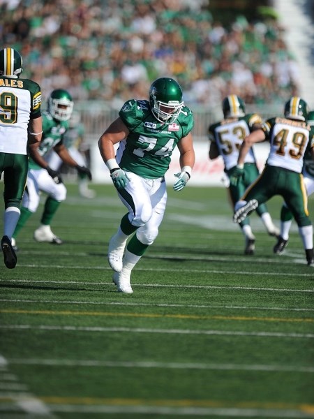 Defensive tackle Keith Shologan hustles during the Roughriders&#8217; pre-season home game against Edmonton on July 8. The Riders met the Eskimos again on July 29 for their