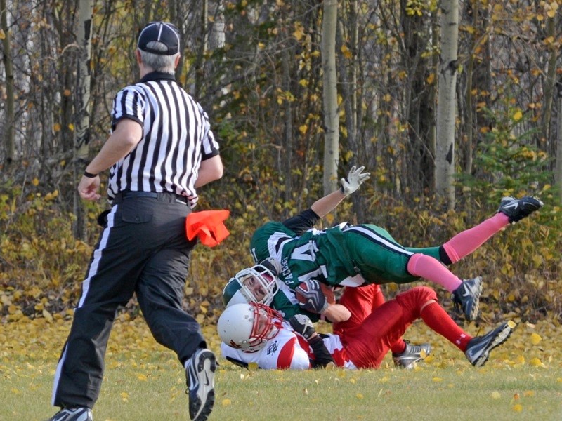 The Pacers won last Friday&#8217;s game against Vermilion 37-7 while sporting pink for Breast Cancer Awareness Month. Pacer Andrew Morey goes down hard after being tackled by 