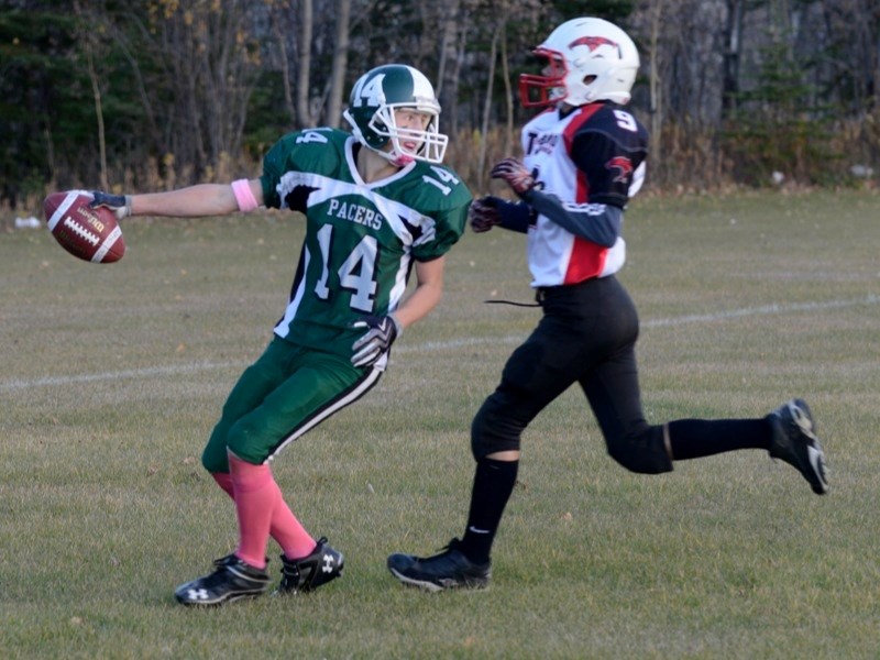 Andrew Morey scores a touchdown for the EPC Pacers during the last regular season game last Thursday against the Westlock Thunderbirds.
