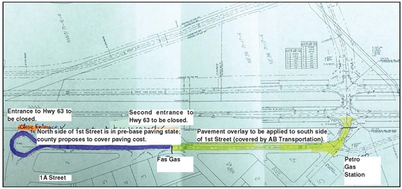 The highlighted street is 1st Street in Wandering River: purple for the north side, yellow for the south. The &#8220;bulb turnaround &#8221; is pictured on the far left,