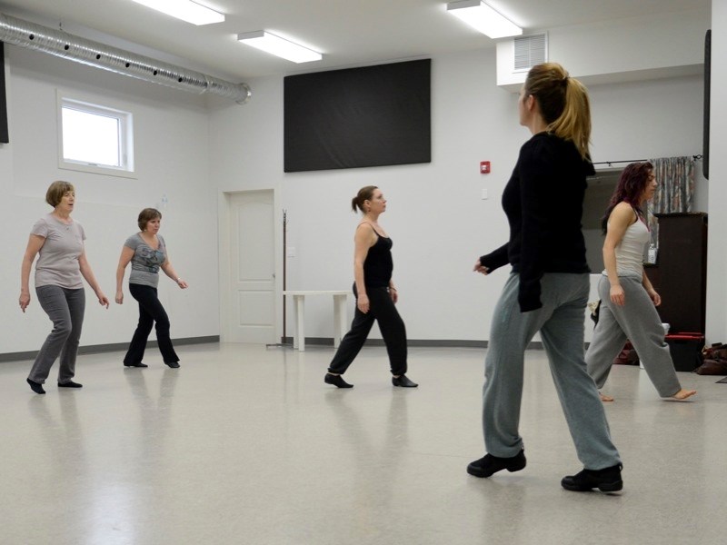 (l-r) Theresa Hango, Kelly-Lynn Spafford, Julie Creaser, Kelly Hindy and Amanda Wallace practise the dance for One Billion Rising for Justice, a flash mob event to stand up