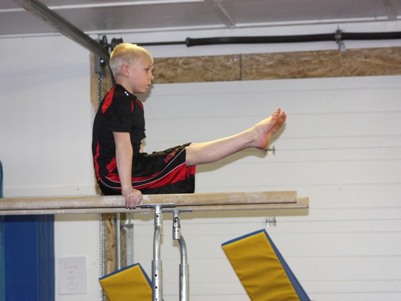 Rylan Wagner, 11, gives a demonstration at the annual Athabasca Flips Gymnastics fun meet last Saturday at the Athabasca &#038; District Ag Society grounds. Wagner started