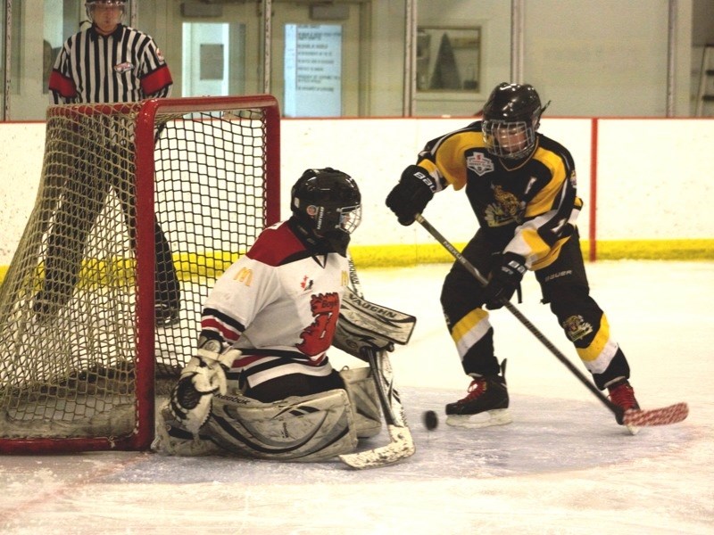 Boyle atom Blazers goalie Liam Bechthold makes a save in the Blazers&#8217; 6-4 win over the Vermilion Tigers. The win sent the Blazers on to the provincial championships