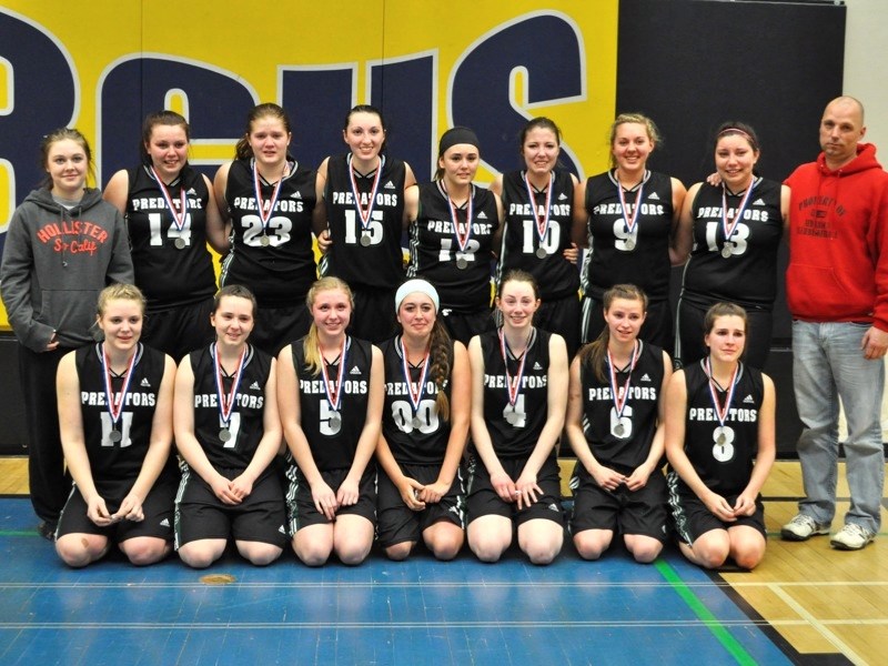 The EPC senior girls basketball team with their silver medals at zones in Barrhead. (back row, l-r) Casey Bucholtz (manager), Sydney Wotherspoon, Sydney Speers, Lorina Ball,