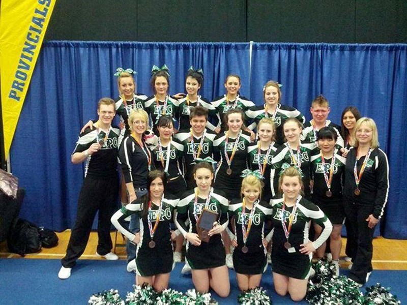 The EPC co-ed cheer team earned bronze medals at provincials held at Harry Ainley High School in Edmonton Saturday. (back row, l-r) Robyn Bahry, Tia Richards, Kistin