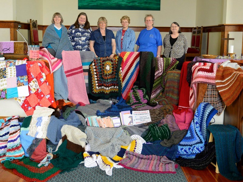 The Athabasca Roman Catholic, Ukrainian Catholic and United Churches all banded together to give 43 shawls and some cards to residential school survivors as part of the Truth 