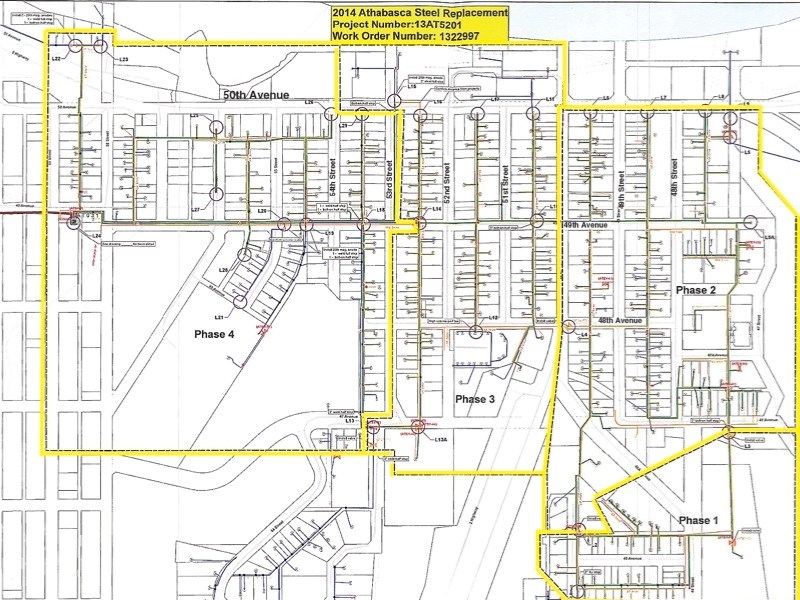 This map shows the phases in which AltaGas will replace old, steel pipes with new, plastic ones. Phase one will begin in May (weather permitting). Green lines show pipes that 