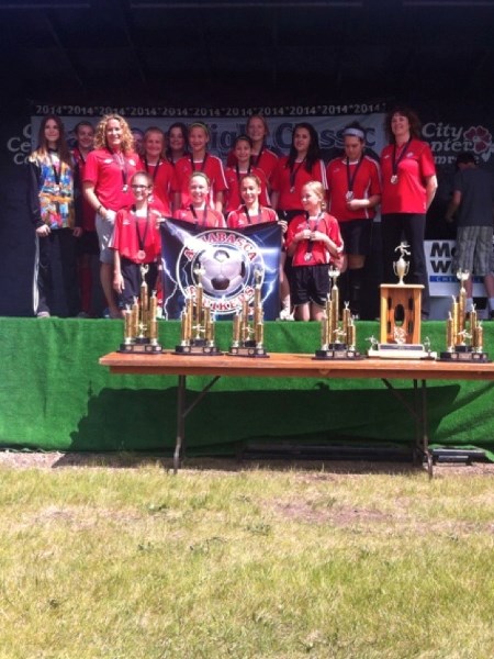 The U14 girls Athabasca Striker FC won bronze at the Camrose Night Classic. (back row, l-r) Jessica Meyer (keeper), Kady Graham, Harmony Lamoureux (coach), Shae Bellingham,