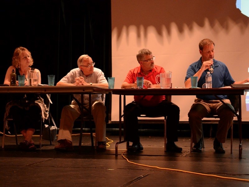 (l-r) Celeste Williams and Bob Tannas of the library board, along with Brian LeMessurier and Mark Francis of Aspen View Public Schools, fielded audience questions and