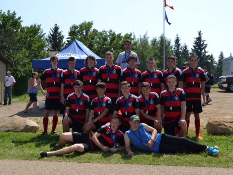 Athabasca&#8217;s U18 boys (the ASA) won silver at tier four rural provincials in Vermilion, which ran July 11 –13. (very back) Terry Lovelace (coach), (back row, l to r)
