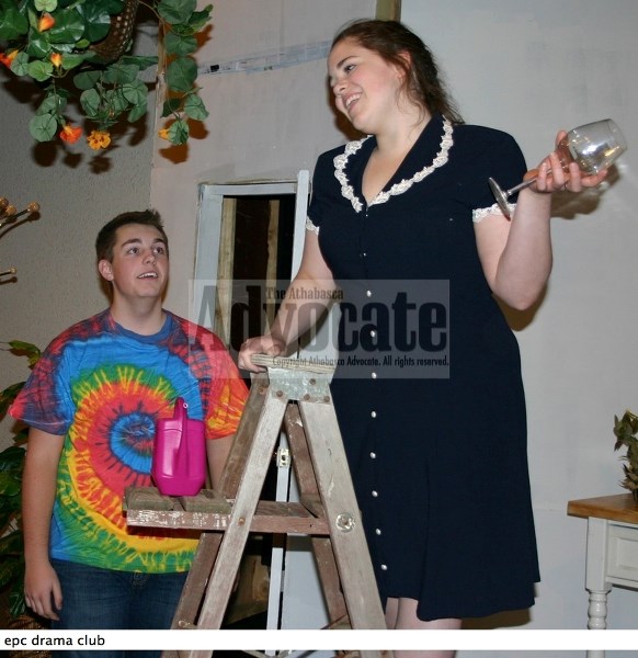 Jake Marsden (left) and Katie Butson rehearse last week for their drama club&#8217;s production that will be presented at the Nancy Appleby Theatre this week. .