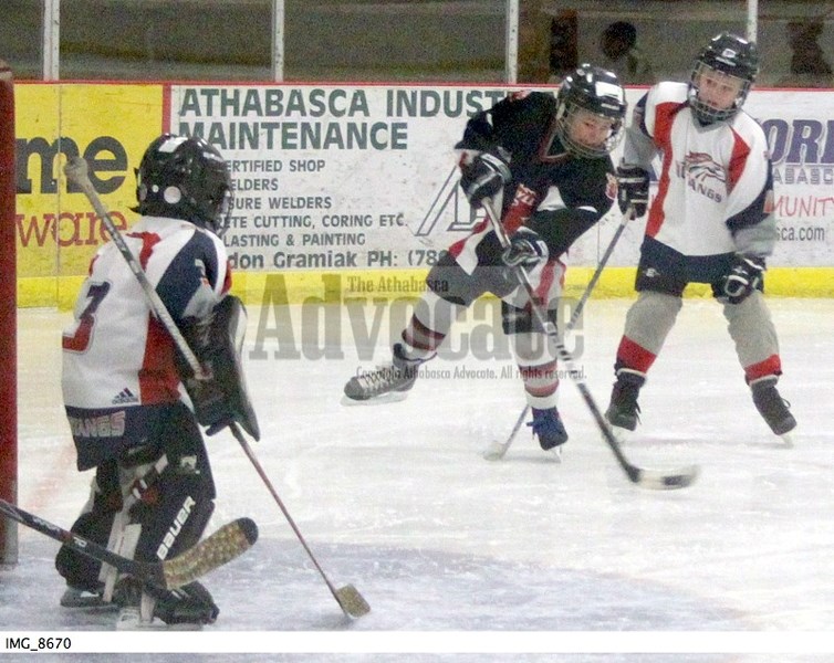 Boyle Blazers Ryan Ouellette fires this shot on the Sturgeon netminder which made its way into the goal to put the Blazers up by a goal in the first period.