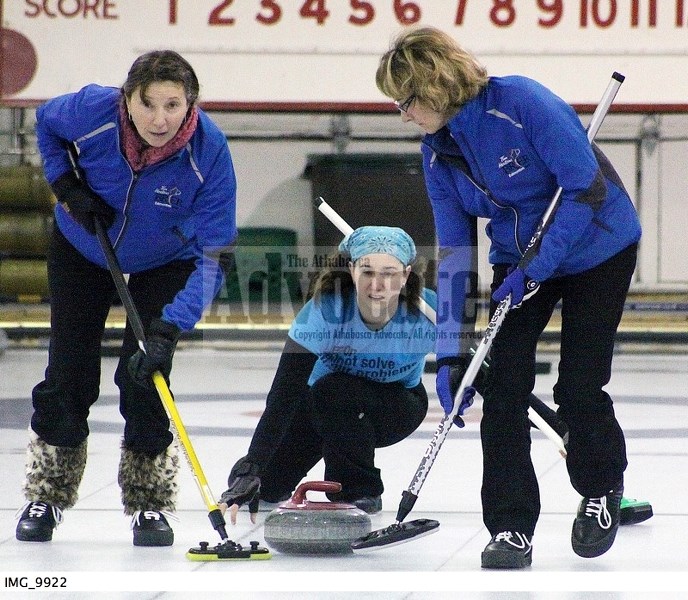 Laressa Gauthier gives the rock to sweepers Felice Lund (r) and Sheri Grabski during the second end of the A-event final.