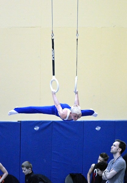 Rylan Wagner shown during his gold medal performance on the rings at the Alberta Artistic Gymnastics Provincial Championship in Lethbridge.