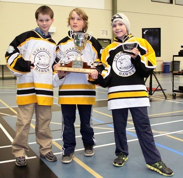 (l-r) The Harry Shaw Memorial award for Atom players with good conduct, ability and enthusiasm are Brandon Phillips, Ashton Funk and Marcus Zaft.