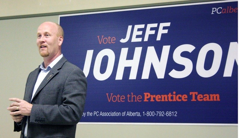 Jeff Johnson speaks to the crowd after an emotional loss on Tuesday night, as the Progressive Conservatives fell to third-party status under a crush of NDP Orange.