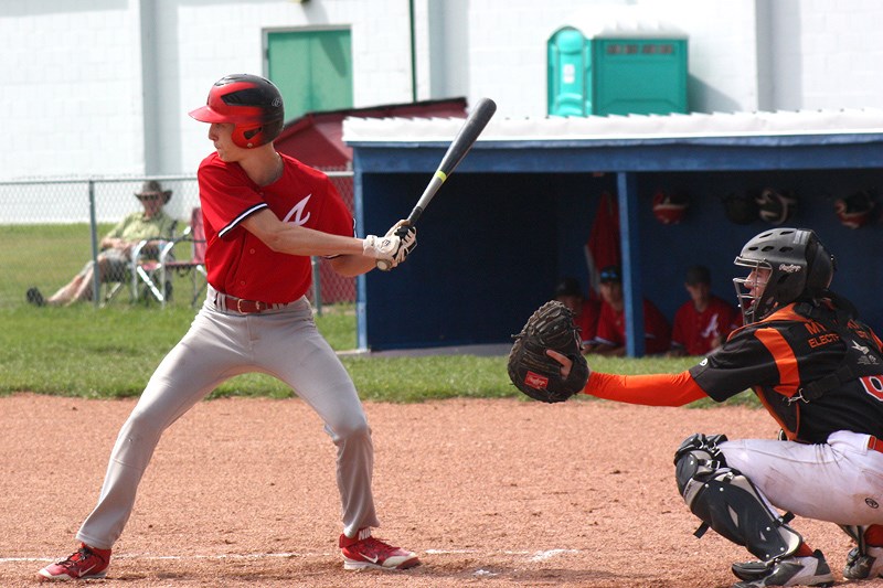 Trapper Eric Bay waits for the pitch at home plate against Drayton Valley. The Trappers would lose the game 14-8 due to pitching troubles and some errors.