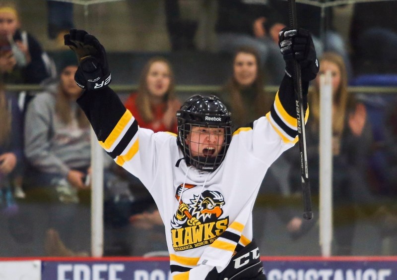 Hawks forward Tyrell Parker, celebrates after his tying goal against Spruce Grove. Parker also got an assist on the Hawks second goal of the game less then two minutes later.