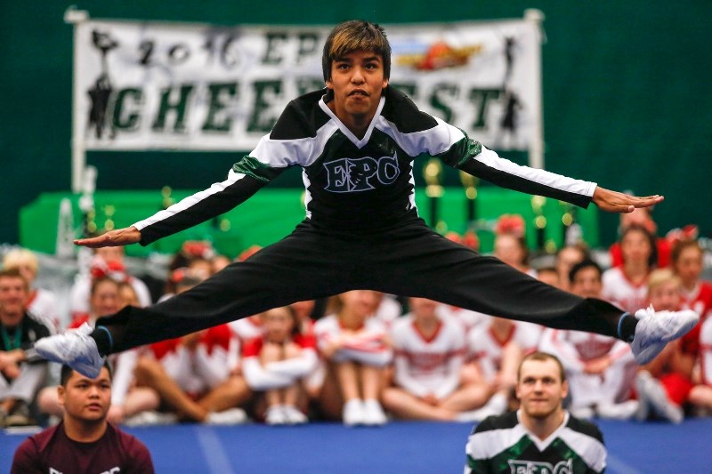 Edwin Parr Composite School&#8217;s Dallas Thunder performs a toe touch during the senior boys toe touch competition held during a brief intermission in between performances.