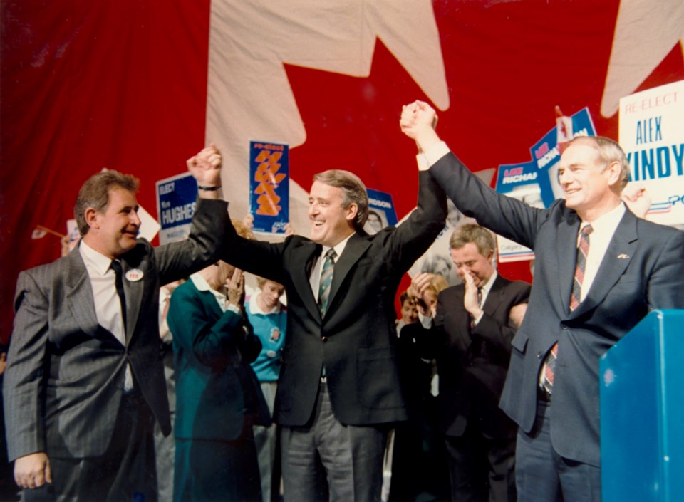 November 1988 federal election rally in Calgary. Front row (L-R): Ralph Klein, who was mayor; then-prime minister Brian Mulroney and Don Getty, who was premier. Visible in