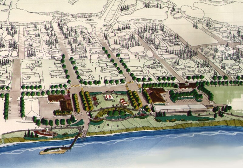 This is a bird&#8217;s eye view graphic of the original Athabasca Landing Area Redevelopment Plan from the 1990s.