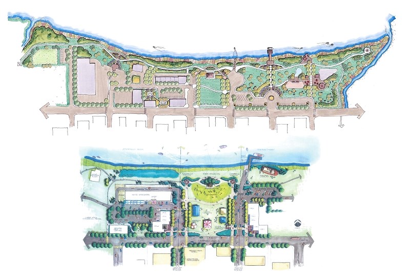 (Above) A bird&#8217;s eye view of the concept plan of Athabasca&#8217;s riverfront, which includes amenities like a dog park on the west side of town and a heritage gardens