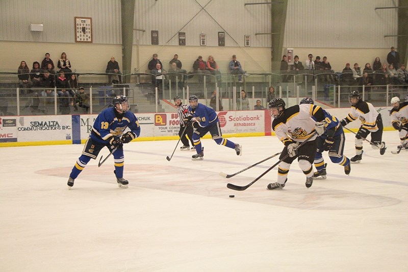 Athabasca Hawk Jerrid Hanzel on a breakaway against the Junior Barons at the Nov. 13 game.