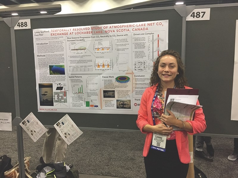 Lynsay Spafford stands with her research at the American Geophysical Union meeting in San Francisco in December. Her presentation featuring her research on gas emissions from 