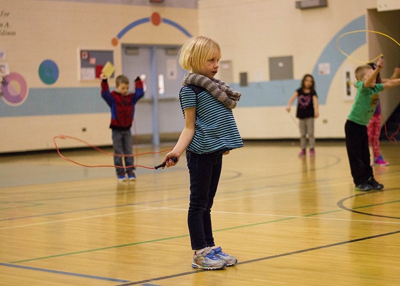 Six-year-old Dez Wagner gets skips during the Jump Rope for Heart fundraising event at Whispering Hills Primary School.