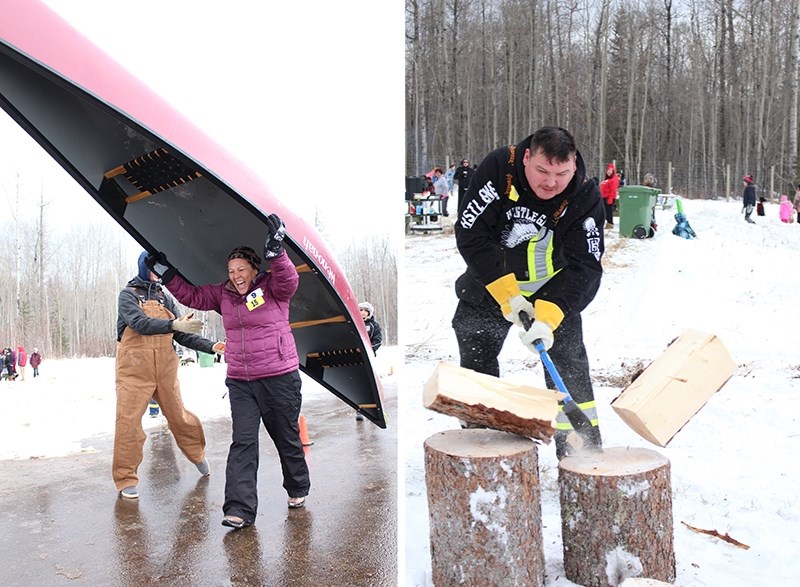 (Left) Lorraine Cardinal competes in the canoe portage at the annual Trappers Festival Weekend. (Right) Clifford Young rules the wood chopping competition.