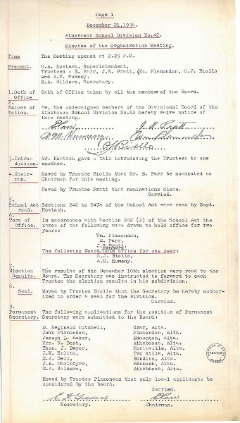 Pictured here is the first page of the organizational meeting for the Athabasca School Division, from Dec. 21, 1938. Edwin Parr is listed as the division&#8217;s first board