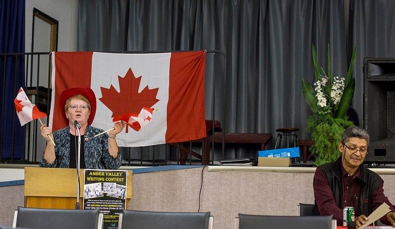 Athabasca County Reeve Doris Splane announces she is &#8220;truly proud to be a Canadian&#8221; at Amber Valley Cultural Centre&#8217;s Canada Day 150 celebration Sept. 16.