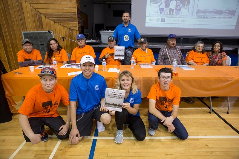 Mistassiniy School mentors spent six months interviewing Wabasca and Desmarais area Elders for their book, Kayas Ayamikamik Acimowina: Old Stories of the Mission. Front L-R: