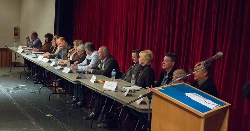 Town of Athabasca mayor and council candidates answer questions from the public Oct. 4 at the Nancy Appleby Theatre during the Athabasca and District Chamber of