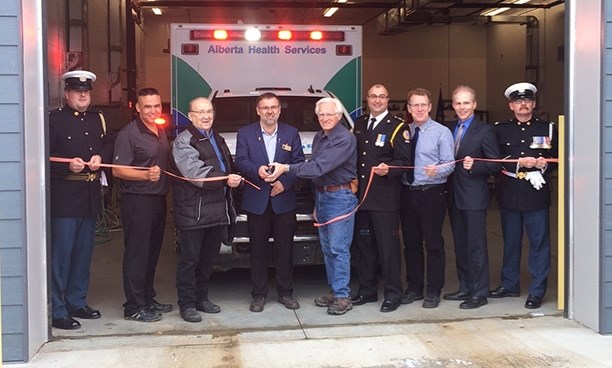 Local dignitaries gathered Oct. 12 for the grand opening of the new four-bay EMS centre at the Wabasca/Desmarais Healthcare Centre. L-R: AHS EMS Guard of Honour Blaine