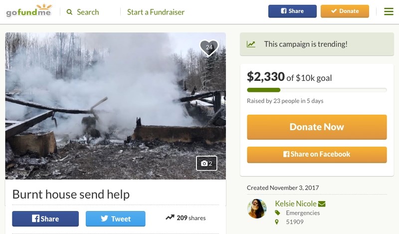 A GoFundMe page setup to raise money for the homeowner of a house destroyed by a fire on Nov. 2.