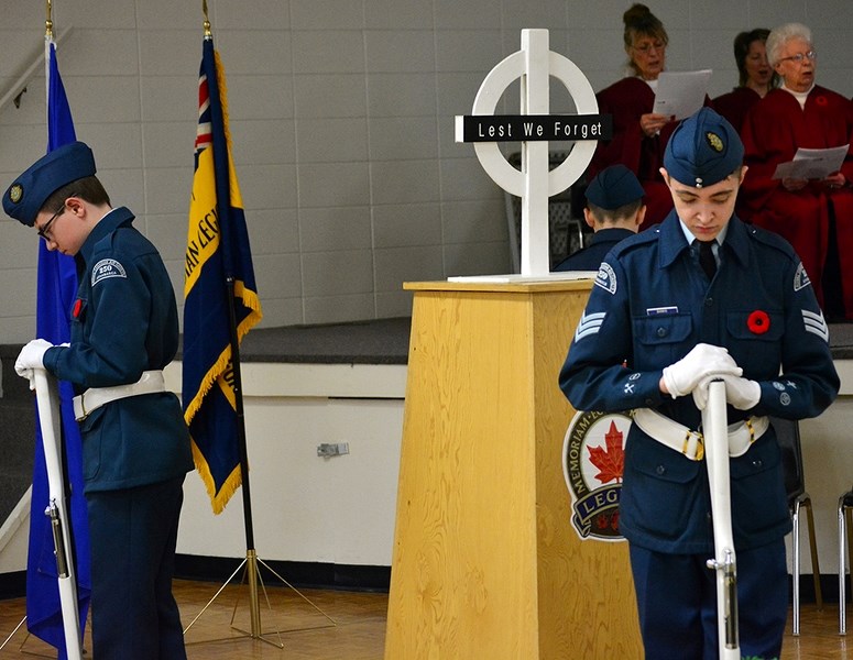 Air cadet sergeant McCartney Banks (right) and cadet Mason Holt guard the cenotaph during the Remembrance Day service at the Boyle Community Centre on Nov. 11.