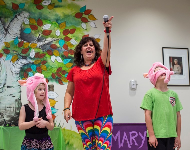 Landing Trail Intermediate School staff Jeff Semenchuk, Emily Smith, Emily DuPonte and Heather Gulka play for programming dollars from Big River Arts Society during their