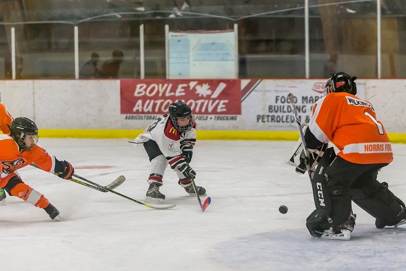 Boyle Blazers Atom 4 player Brody Maloney faces off against Wainright&#8217;s goaltender during a Jan. 6 game at the Millview Recreation Complex. Maloney led Boyle&#8217;s