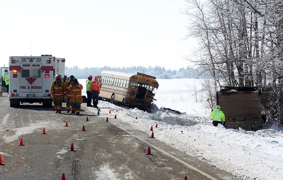 A female Thorhild Central School student was declared deceased after a collision involving a school bus and semi-tractor March 7.