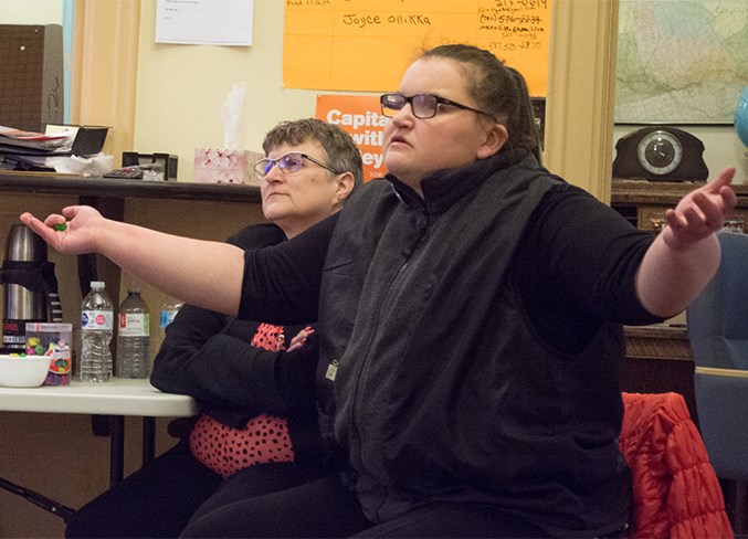  Watching results come in on CBC April 16, Shania Christensen of Newbrook (right) reacts as a reporter refers to the former NDP government as an 