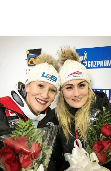 Melissa Lotholz and Kaillie Humphries pose together after a podium finish in Park City, Utah in early November.