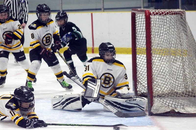 Barrhead Bruins goaltender Cooper Smith shut down 19 out of 24 shots on his net, to help his teammates win the final game of a Novice tournament held in Barrhead, Feb. 3 to