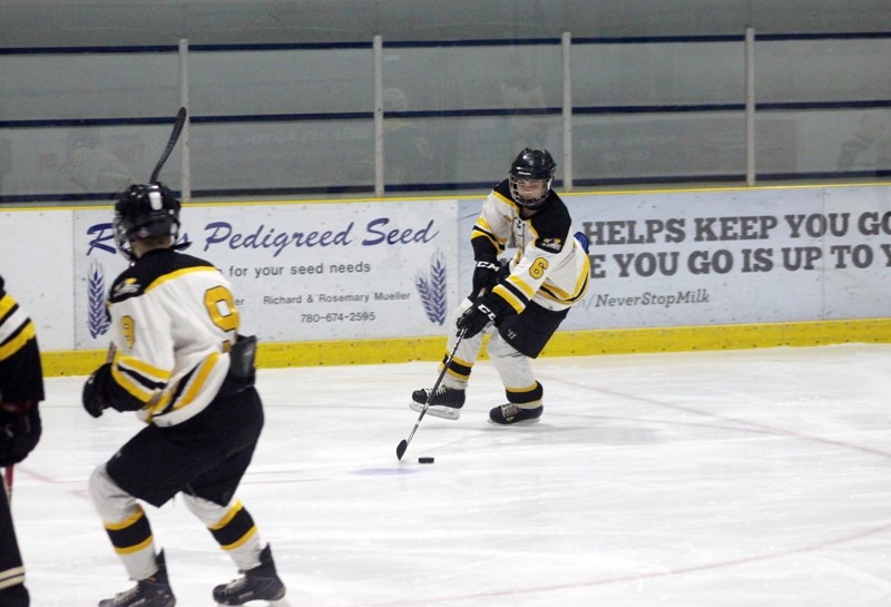 Barrhead Steelers player Brendan Bujold skates with the puck, during a provincial matchup against the Athabasca Hawks that ended 4-0 for Barrhead. The two teams faced off