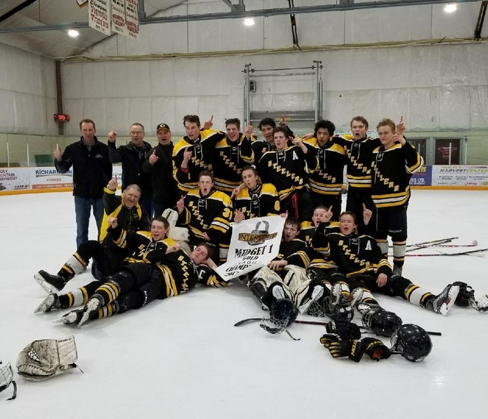 The Steelers faced the Wranglers again on March 17 in Vegreville, for the second game of the best-of series and won 5-4 in overtime. The Steelers take time to pose with the