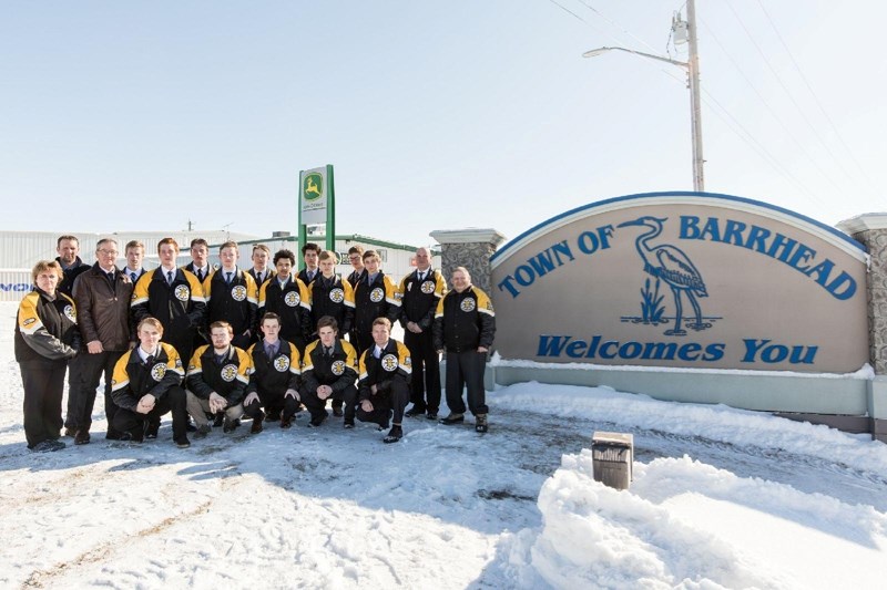 The Barrhead Steelers pose in front ot the Welcome to Barrhead sign before going to the provincial championships. Pictured are (Back row l-r) Assistant coach Ed Weeks, Jeremy 