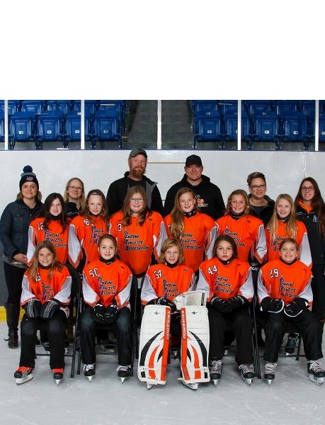 The Pembina Ringette Association&#8217;s U12 C team: Back row: from left: Linsey Ezekiel (assistant coach), Cory Kubinec (assistant coach), Ryan Kubinec (assistant coach),